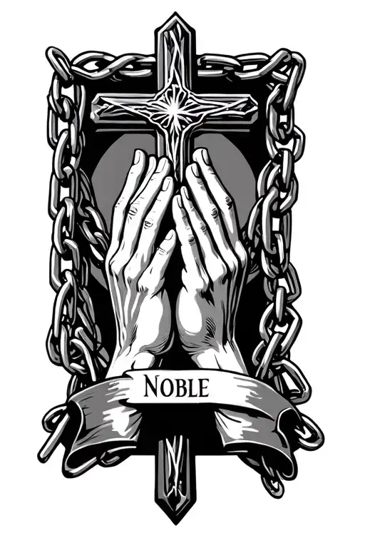 praying hands holding onto a chain that is a cross and right below the cross is my last name NOBLE tattoo design idea