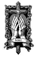 praying hands holding onto a chain that is a cross and right below the cross is my last name NOBLE tattoo design idea