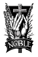 praying hands holding onto a chain that is a cross and right below the cross is my last name NOBLE tattoo design idea