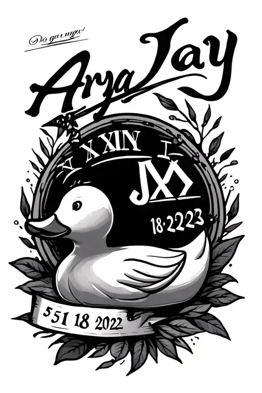 the name Arya Jay with a rubber duck and roman numerals for 5/18/2023 tattoo design idea