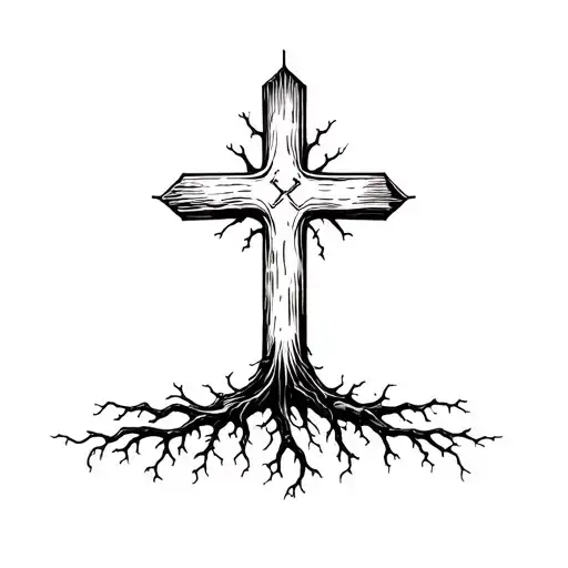cross with roots growing out of bible tattoo design idea