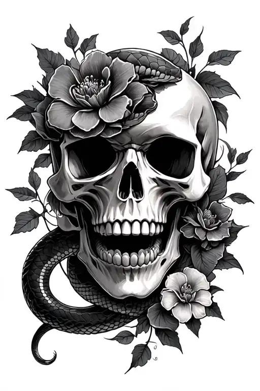 skull with vampire teeth snake flowers intertwined tattoo design idea
