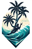 scuba diver palm trees and waves tattoo design idea