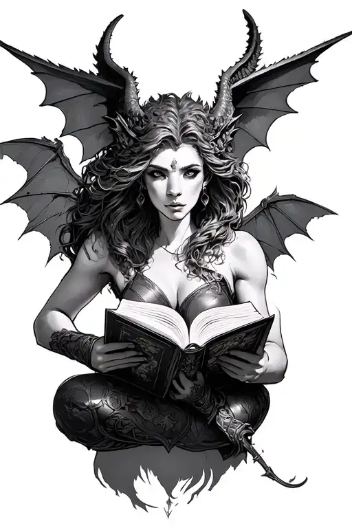 Leo female gargoyle warrior reading tattoo design idea
