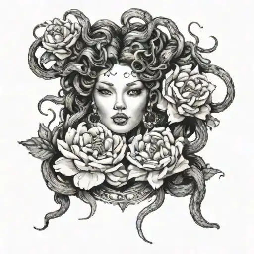 Medusa Gorgon face tattoo sketch, snakes instead of hair, one peony tattoo design idea