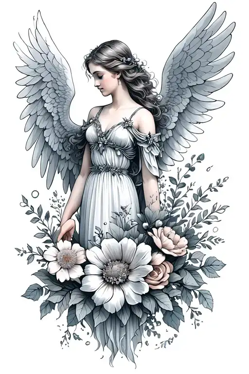 angel and flowers tattoo design idea