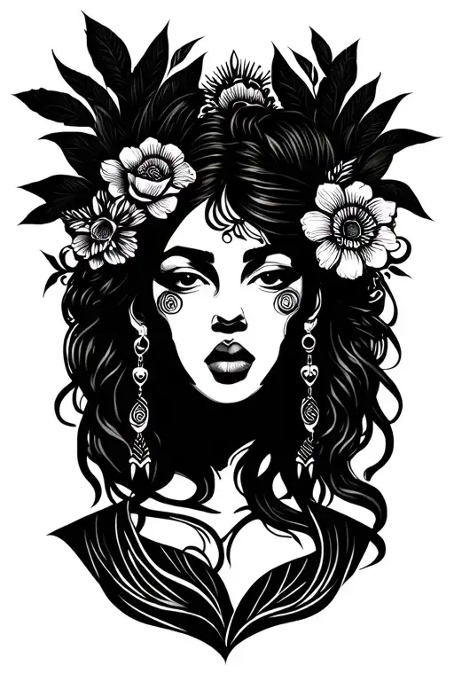 A blackwork tattoo design representing the intersection of reggae and hip hop music, highlighting the empowerment and creativity of women in the industry tattoo design idea