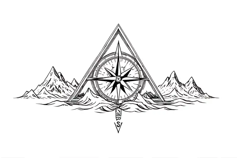 large compass surrounded by intricate geometric mountains and crashing waves, black and white, add triangle frame tattoo design idea
