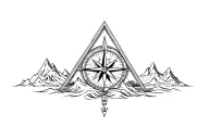 large compass surrounded by intricate geometric mountains and crashing waves, black and white, add triangle frame tattoo design idea