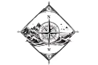 large compass surrounded by intricate geometric mountains and crashing waves, black and white, add triangle frame tattoo design idea