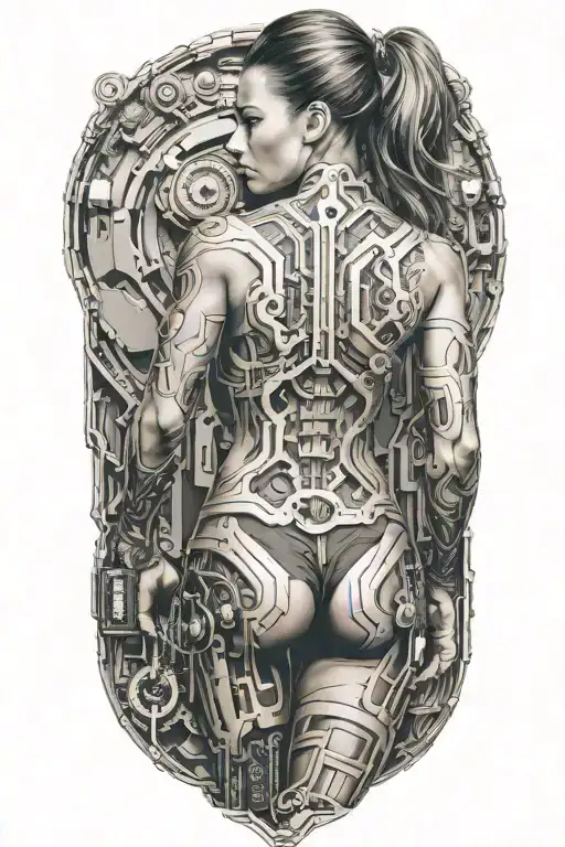 bodybuilder muscular women with technology circuits merging tattoo design idea