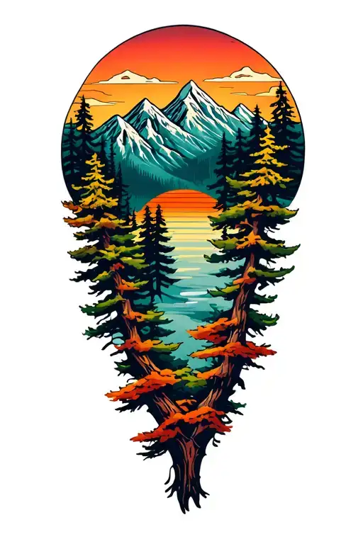 conoeing outdoors mountains trees colors sunset background tattoo design idea
