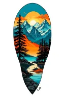 conoeing outdoors mountains trees colors sunset background tattoo design idea