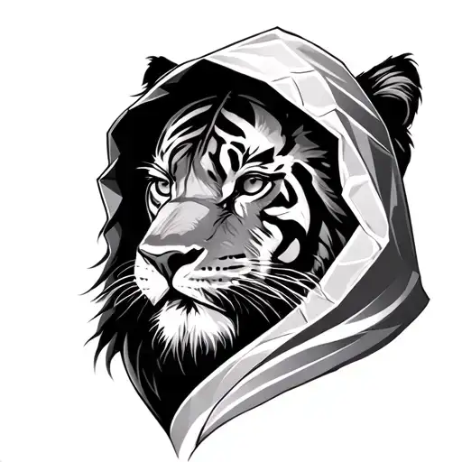 eskimo with a hood of half diamond lion and half chinese tiger tattoo design idea