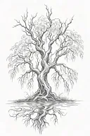 willow tree upside down with roots interwined tattoo design idea