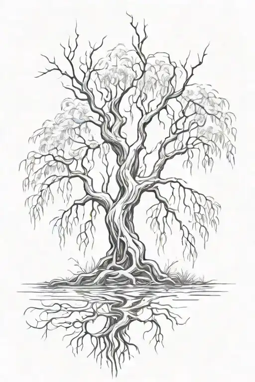 willow tree upside down with roots interwined tattoo design idea