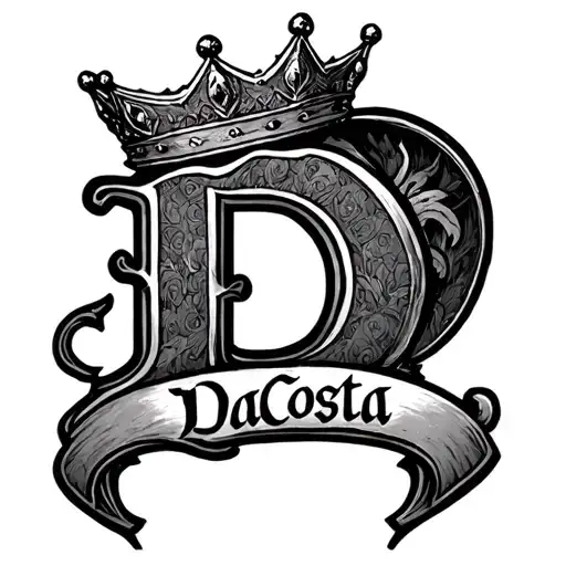 crown over the letter D with the name DaCosta over it tattoo design idea