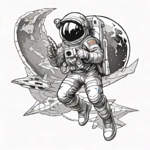 astronaut floating in the space with paper plane in one hand tattoo design idea