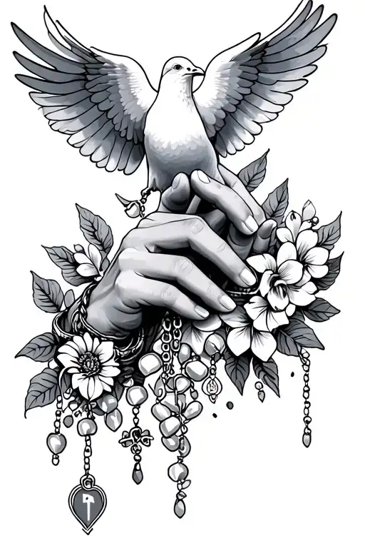 Praying Hands, Rosary, Dove tattoo design idea