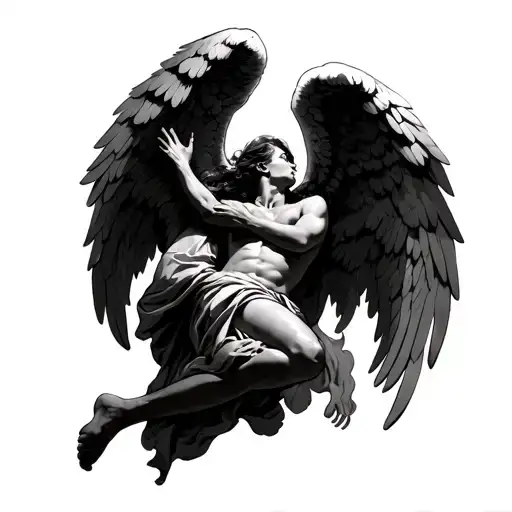 a falling guy and a died falling (women)angel protect him with angel wings on his under the angel tying to wrap its wing tattoo design idea