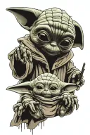 baby yoda and groot holding tattoo design idea