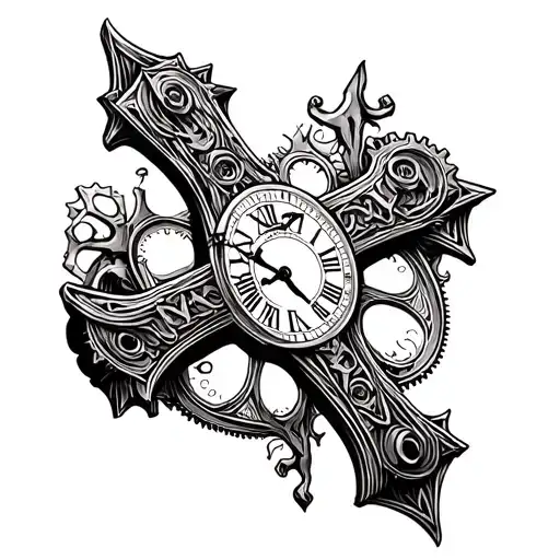 A unique cross tattoo design with a clock face and gears integrated into the design tattoo design idea