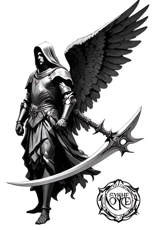 archangel raphael with sythe in hooded armor tattoo design idea