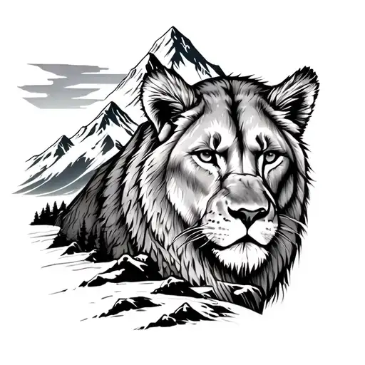 mountain, lion and adventure full forearm tattoo tattoo design idea