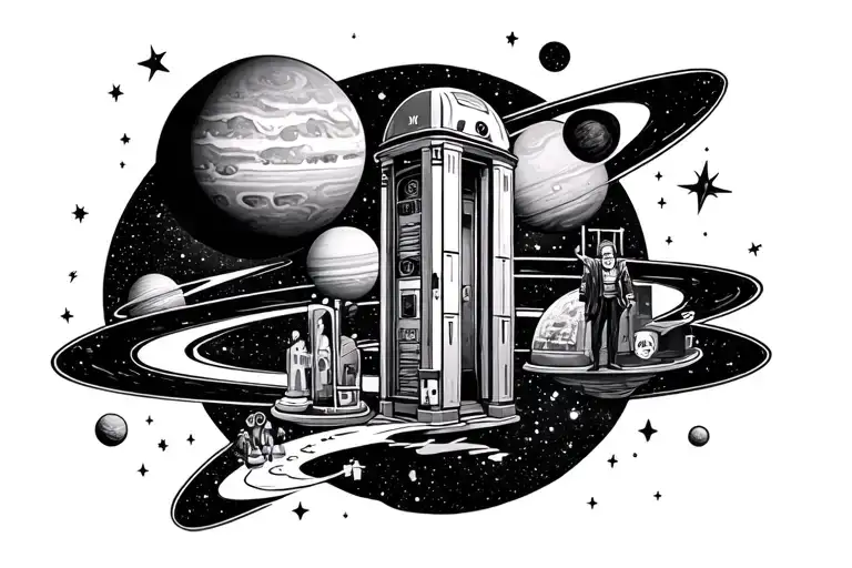 half sleeve tattoo design combining space and star and planets and Star Wars and the elevator from Willy Wonka tattoo design idea