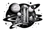 half sleeve tattoo design combining space and star and planets and Star Wars and the elevator from Willy Wonka tattoo design idea