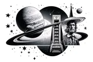 half sleeve tattoo design combining space and star and planets and Star Wars and the elevator from Willy Wonka tattoo design idea