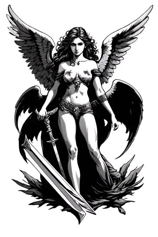 strong female angel with wings wide spread holding a sword tattoo design idea