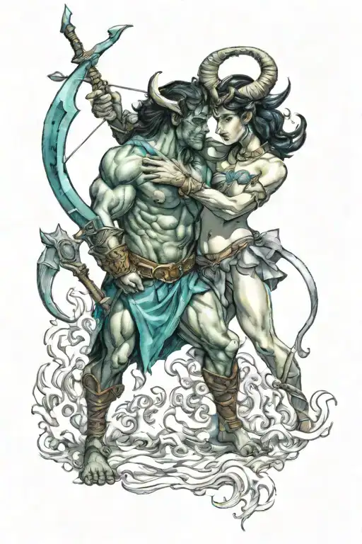 minotaur holding a fire bow with his arm around dark haired elf woman in a revealing teal dress tattoo design idea
