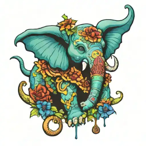 fantasia elephant in grateful dead bears style with LSD & Psilocybin molecule incorporated  tattoo design idea