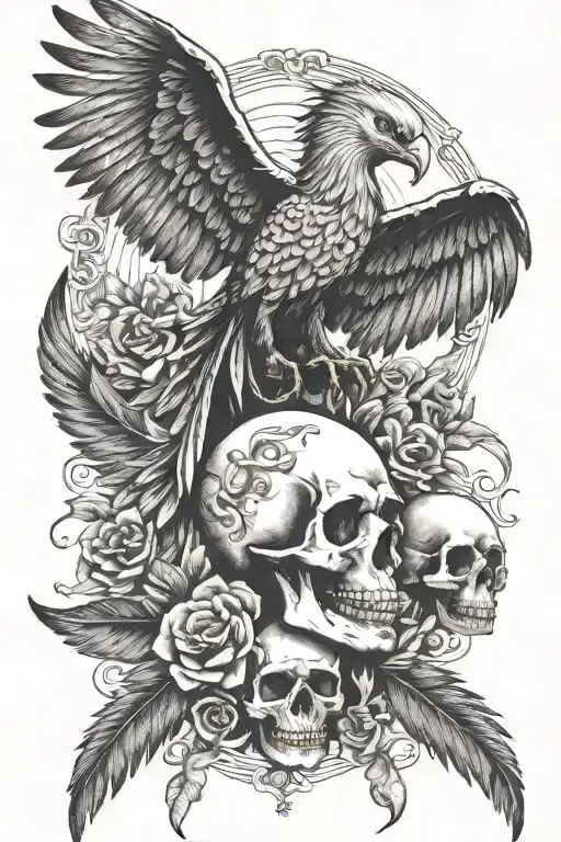 phoenix and skulls tattoo design idea