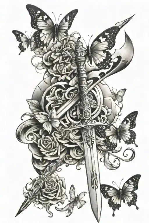 sword, butterflies, celestial scene tattoo design idea