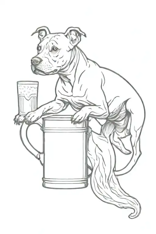 sitting pitbull balancing beer mug on its own  nose. full body, long tail, on dog is standing on her back legs tattoo design idea