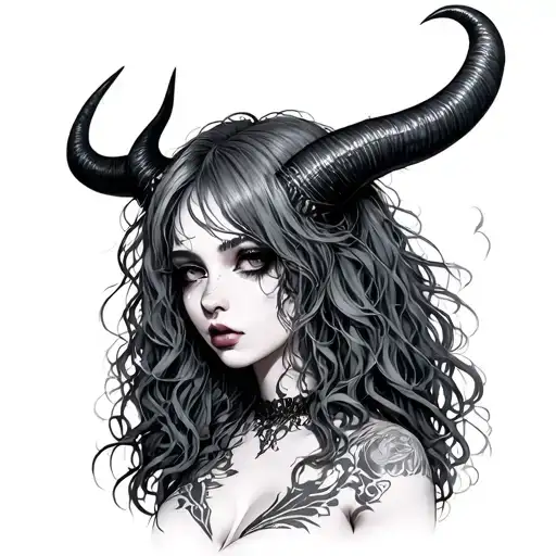Sexy Pale Girl, Petite, Big Boobs, Wide Hips, G-String. Messy Hair, Demonic Horns, Sexual.... tattoo design idea
