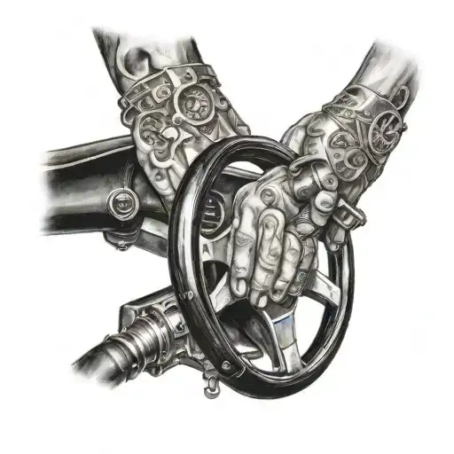 women's hands on the steering wheel, handcuffed tattoo design idea