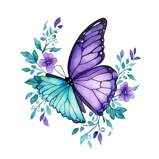 a half purple and half teal butterfly with vines and flowers tattoo design idea