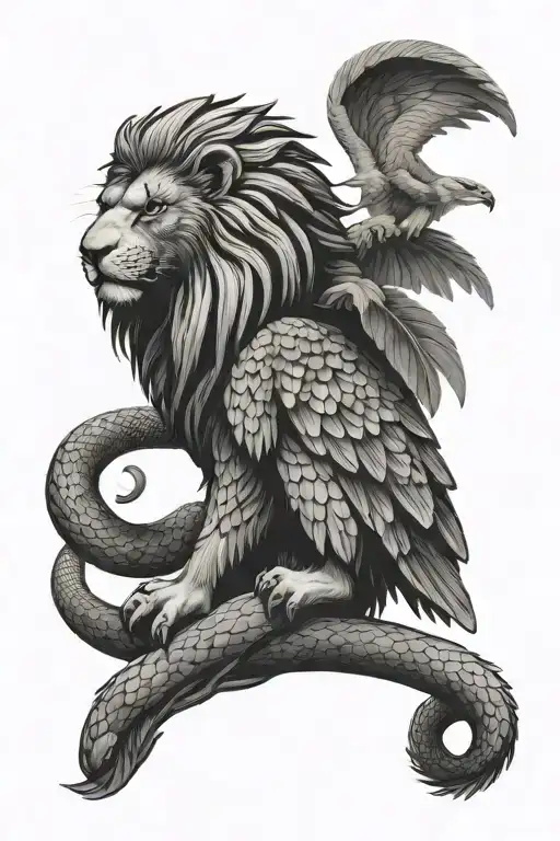 a lion, a snake slithering and a philippine eagle perched with wings open. tattoo design idea