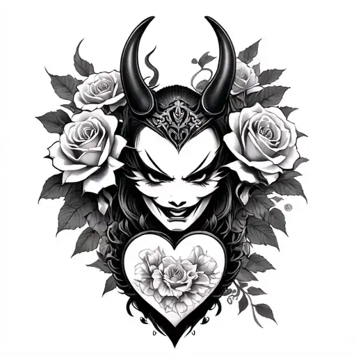 japanese demon, roses, love heart tattoo design idea