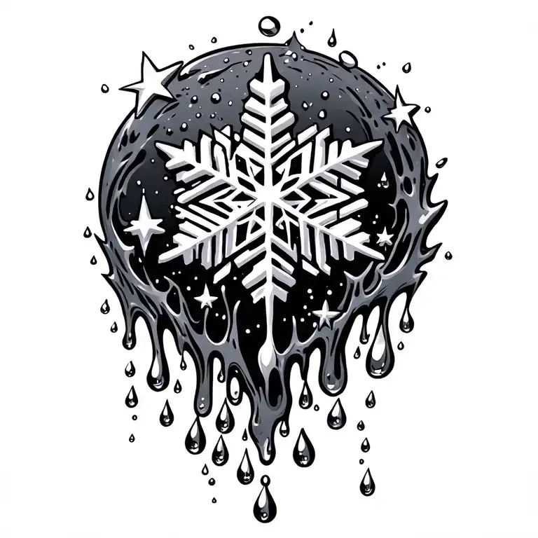 a snowflake melting into water droplets cascading threw a stars tattoo design idea