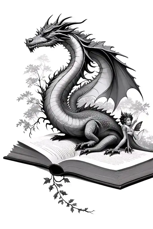 an open book, with a Forrest background, I want a dragon, a few fairies, a couple of vines coming out of the book  tattoo design idea