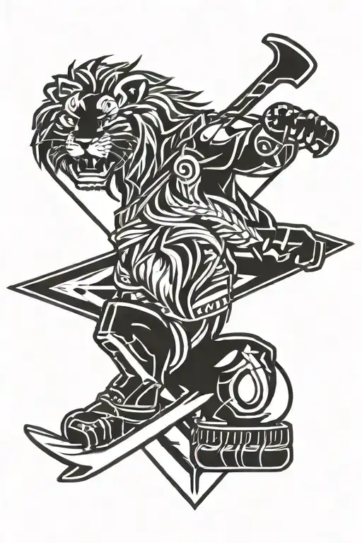 Half Lion Head and a Half Hockey Player split in half by an arrow with a quiver shaped like a maple leaf tattoo design idea