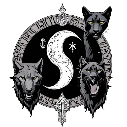 Black Round Oguz Khan seal on top crescent moon, left to the left wolf head, right panther head, at the top of the grave Asire tattoo design idea