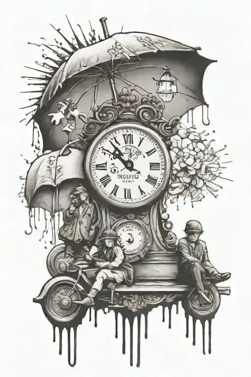 banksy girl umbrella melting clock tattoo design idea