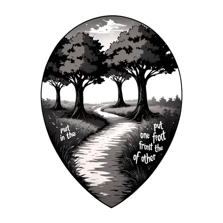 3 trees alongside a path, with words "put one foot in front of the other" on the path tattoo design idea