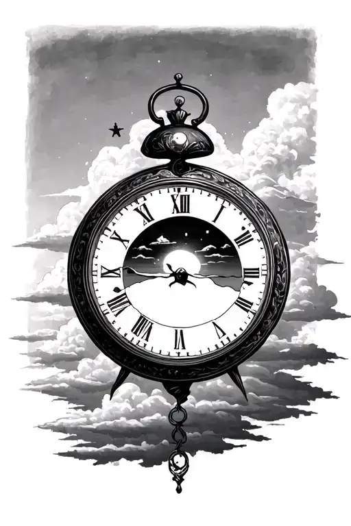 clock inside sunrise behind clouds surrounding tattoo design idea