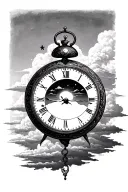 clock inside sunrise behind clouds surrounding tattoo design idea